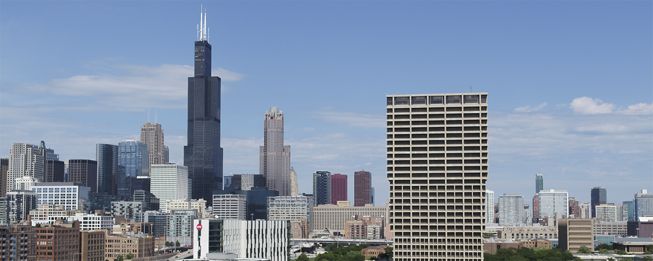Chicago skyline with UIC campus in foreground