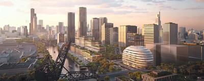 Rendering of future Discovery Partners Institute headquarters with vibrant city building all around