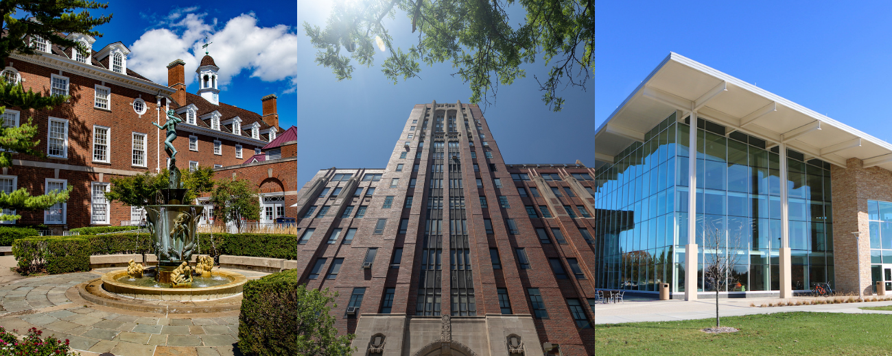 Picturesque views of nice buildings on each universities' campus