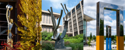 three artistic sculptures, one from each campus
