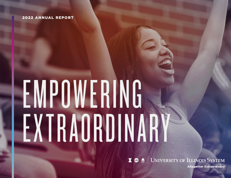 Cover of Empowering Extraordinary annual report with young woman arms raised in celebration