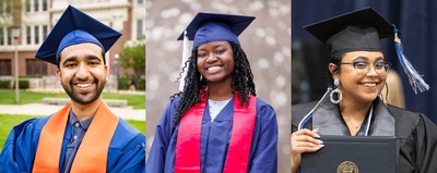 Three panels with a new graduate in cap and gown from each University of Illinois university in each