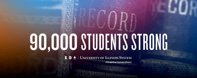 90,000 students strong, books in background, U of I System logo