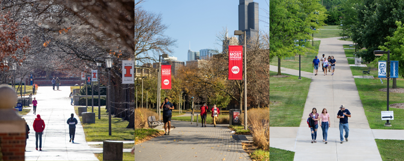 students on quads on all three university campuses
